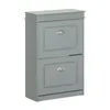 A gray shoe cabinet with two flip-down drawers and silver handles, shown from the front against a white background. Produktbild-Vorschau