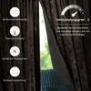 A close-up of brown velvet curtains with a patterned texture, partially open to reveal a window with greenery outside and a glimpse of a blue armchair. Text overlays describe the product's features. Produktbild-Vorschau