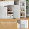A white kitchen cabinet with its doors open, revealing storage shelves and a spice rack on one of the doors. Text overlays describe the product's features. Produktbild-Vorschau