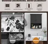 A split image showing a messy bathroom counter before and an organized bathroom cabinet after. The top section has icons and text describing product features. Podgląd zdjęcia produktu