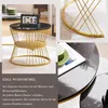 A collage of images showing a round marble-look coffee table with a gold metal frame, and descriptive text about the furniture. Náhľad obrázku produktu