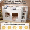 A white bunk bed with stairs and storage compartments, set up in a room with a Christmas tree and a rug. Produktbild-Vorschau