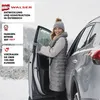 A woman is getting into a car in a snowy environment, with marketing text and logos on the left side of the image. Produktbild-Vorschau