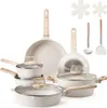 A collection of white cookware with wood-effect handles, including pots, pans, a ladle, and a spatula, arranged on a white background. Podgląd zdjęcia produktu