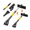A collage of a telescopic ice scraper and snow brush set for a car, showing different attachments and configurations. Voir les images du produit
