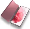 A rose gold flip case for a Samsung Galaxy S21 Plus smartphone is shown with the flip cover open, revealing the phone's screen. Produktbild-Vorschau
