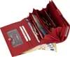 A red leather wallet is open, showing its contents of cash, coins, and cards. Produktbild-Vorschau