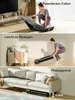 A collage of three images showing a foldable treadmill in different settings and states of use. Produktbild-Vorschau