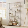 A white and wood-toned bookshelf filled with decorative items and books, placed in a well-lit room with a large window. Produktbild-Vorschau
