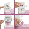A collage of four images showing how to use a toy cafe set to make drinks. Produktbild-Vorschau
