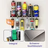 A wall-mounted organizer holding various spray cans and tools, with two inset images showing details of the organizer and a metal surface. Produktbild-Vorschau
