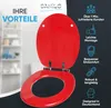 A red toilet seat and lid are shown open, with marketing text and icons on the right side. Náhled obrázku produktu