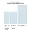 Three different sizes of baby crib sheets are displayed with their corresponding dimensions and uses. Produktbild-Vorschau