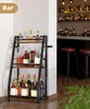 A wine rack with bottles of alcohol is placed next to a bar area with stools and bottles on shelves. Produktbild-Vorschau