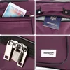 Collage of four close-up images showing details of a purple travel bag. Produktbild-Vorschau