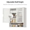 A white bathroom cabinet with louvered doors, filled with jars of food items. An inset diagram shows how the shelf height can be adjusted. Podgląd zdjęcia produktu