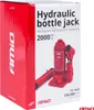 The image shows the retail packaging of a hydraulic bottle jack. The box is predominantly red and white, with product images and text. Voir les images du produit