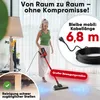 A woman is using a red and black stick vacuum cleaner in a living room. There are overlays highlighting features like cord length and maneuverability. Produktbild-Vorschau