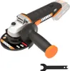 A cordless angle grinder with a battery and a wrench are shown against a white background. Podgląd zdjęcia produktu