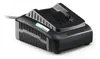 A black battery charger with a green indicator light is shown on a white background. Produktbild-Vorschau