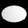 A white, round ceiling light cover with small clips visible on the top and bottom edges, set against a black background. Produktbild-Vorschau
