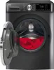 A front view of a black Amica washing machine with the door open, revealing red laundry inside. Produktbild-Vorschau