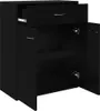 A black sideboard with one drawer open and two doors open, revealing shelves inside. Produktbild-Vorschau
