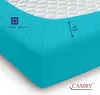 A close-up view of a turquoise fitted sheet, showing its elastic edge and a detail indicating its size. Produktbild-Vorschau