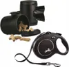 Two black dog accessories are shown against a white background. One is a treat dispenser with some treats spilling out, and the other is a retractable dog leash. Produktbild-Vorschau