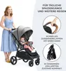 A woman pushing a baby stroller, with close-up images of the stroller's features. Náhled obrázku produktu