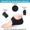 A close-up of a black heel protector on a person's foot, with callouts highlighting its features. Produktbild-Vorschau