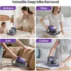 Collage showing a mite vacuum cleaner being used on a mattress, pillow, sofa, and clothes. Produktbild-Vorschau