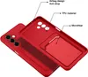 A red phone case is shown with labels indicating its features and materials. Produktbild-Vorschau