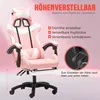 A pink and white gaming chair with text overlays highlighting its features. Produktbild-Vorschau