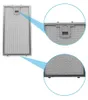 A product image showing a metal grease filter for a range hood, with two close-up insets highlighting the mesh and the latch mechanism. Produktbild-Vorschau