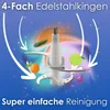 A close-up of a food chopper blade with animated swirls and floating fruits and vegetables, illustrating its function. Produktbild-Vorschau
