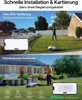 Collage showing a robotic lawnmower being installed and operated in a residential setting, with app interfaces displayed. Produktbild-Vorschau