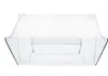 A clear plastic refrigerator crisper drawer shown from the front. Produktbild-Vorschau