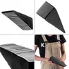 A collage of four images showing a steel wedge for splitting wood. Three close-up shots of the wedge and one shot of a person holding a smaller version of the wedge. Voir les images du produit