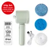 A mint green cleaning brush with various attachments and charging cable, presented on a white background with informational text and icons. Produktbild-Vorschau