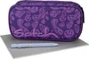 A purple pencil case with a smiley face pattern is placed on top of a light gray surface, with a light blue pen in front of it. Náhled obrázku produktu