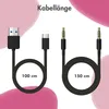 Two cables are shown, one with a USB-A to USB-C connector and the other with two 3.5mm jack connectors. Text indicates cable lengths. Produktbild-Vorschau