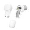 A set of two white coaxial cable adapters, one angled plug and one angled socket, with a separate white cap. Produktbild-Vorschau