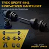 A collection of weightlifting equipment, including dumbbells, a barbell, and kettlebells, displayed on a textured black surface. Produktbild-Vorschau