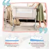 A baby bassinet is shown next to a couch, with a person adjusting it. Below, diagrams illustrate potential dangers and a feature of the bassinet. Produktbild-Vorschau