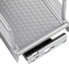 Close-up view of a metal drawer slide mechanism and part of a textured metal shelf. Produktbild-Vorschau