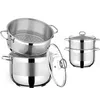 A set of stainless steel pots and a steamer basket, arranged on a white background. Produktbild-Vorschau