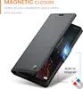 A black leather phone case with a magnetic closure and card slots, shown from a diagonal angle. Produktbild-Vorschau