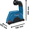 A Bosch dust extraction hood for an angle grinder, shown with dimensions. Voir les images du produit