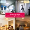 A collage of four images showing a smart LED ceiling lamp in different room settings and lighting conditions, with overlaid text describing lighting modes. Produktbild-Vorschau